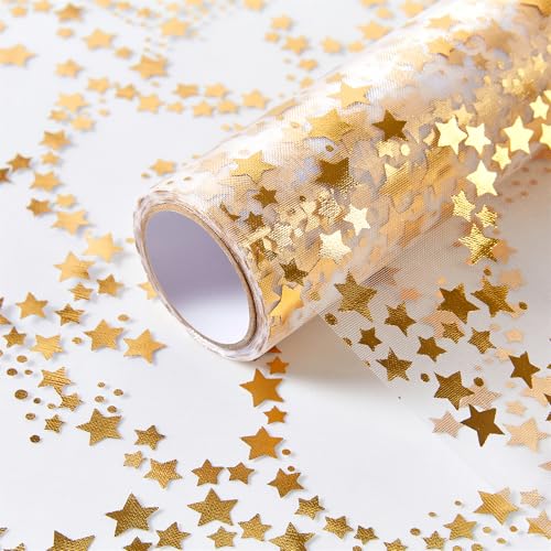 YATOJUZI Gold Table Runner,16 Ft Golden Star Sheer Chiffon Tulle Table Runner,Sequin Glitter Metallic Foil Gold Table Deco...