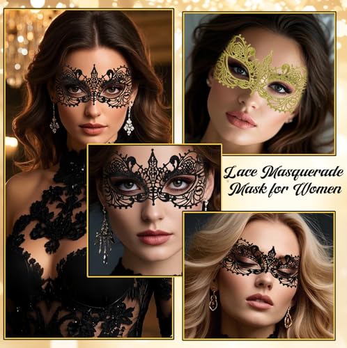 UV-BANS Masquerade Mask for Women - 2 Pcs Lace Black & Gold Masquerade Mask for Women Halloween Costume, Carnival, Mardi G...