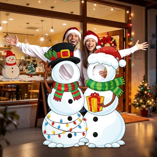 WovWeave Snowman Christmas Photo Booth Fabric Banner with Two Face Cutouts, 55" x 44" Holiday Party Decorations, Winter Ba...
