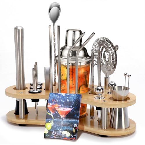 Cocktail Shaker Set,19-Piece Bartender Kit with Stand,Bar Tool Set:Martini Shaker,Jigger,Ice Strainer,Corkscrew,Mixer Spoo...