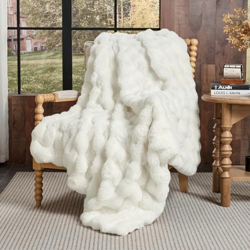 Lotus Karen Faux Fur Throw Blanket Cream White - Big Bubble Rabbit Fluff Blanket for Couch, Small Fluffy Fuzzy Cozy Blanke...