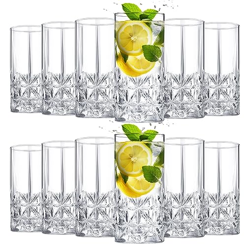 Uiifan Set of 12 Tall Highball Glasses 12 oz Crystal Drinking Glasses Clear Fancy Cups Vintage Textured Designer Glassware...