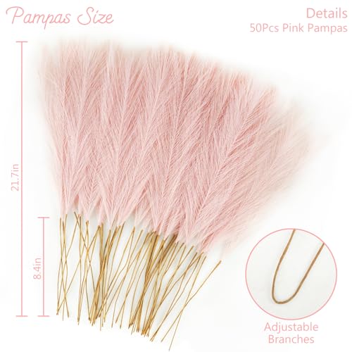 obbsie 50pcs Pink Faux Pampas Grass Decor, 21.6" Short Artificial Pompous Grass Floral Fake Pompas Grass Branches Vase Fil...