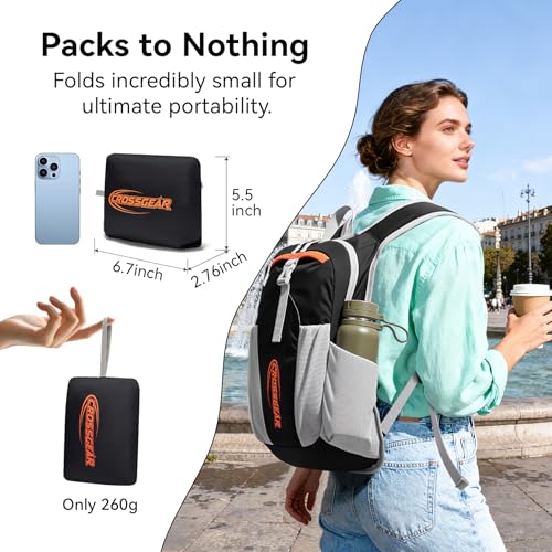 CROSSGEAR 16L RFID Hiking Backpack, Lightweight Foldable Packable Backpack, Small Travel Hiking Daypack for Women Men Black