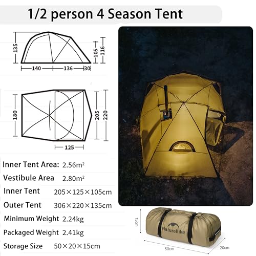 Naturehike 1/2 Person Hot Tent with Stove Jack, Ultralight Waterproof Windproof 4 Season Tent, Easy Setup Portable Backpac...