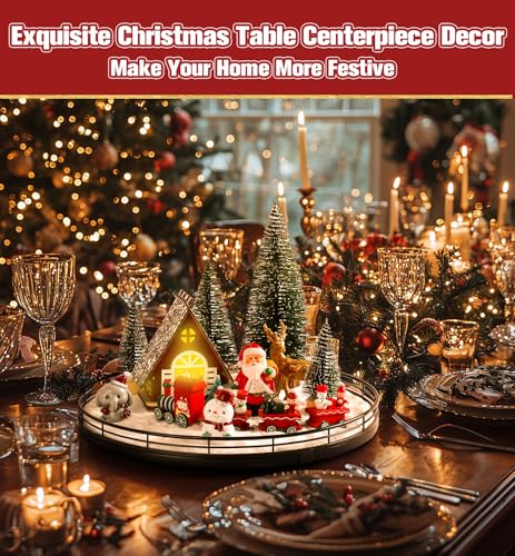 Oroyutor 12 Pcs Christmas Village Set - 13" Oak Wooden Lazy Susan with Santa Train, House & Trees – Indoor Christmas Cente...