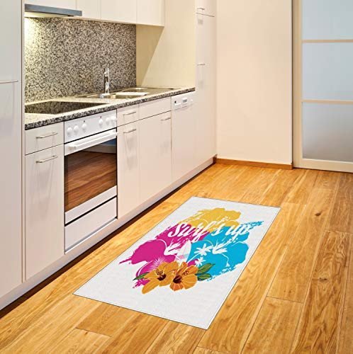 Ambesonne Beach Saying Area Rug, Tropical Hawaiian Hibiscus Flower Bouquet and Surf up Phrase with Paddle Board, Flat Wove...