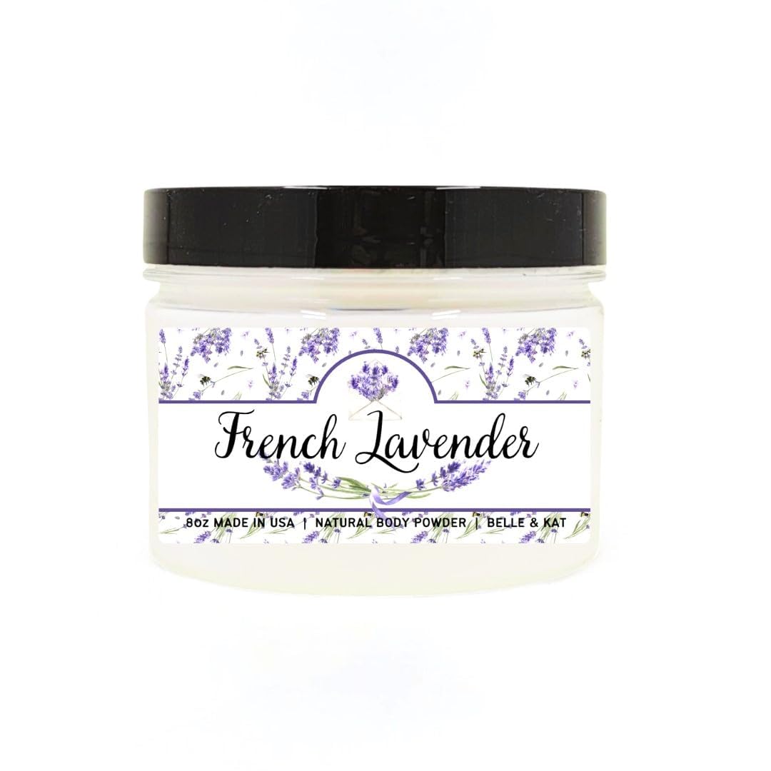 French Lavender Scented Body Powder for Men & Women, Bath Perfume Dusting Powder with Fragrance & Essential Oils, Talc Free 8oz Container, Made in USA