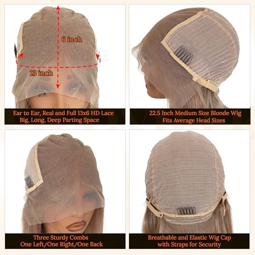 Ash Blonde Bob 13x6 HD Lace Front Wigs Human Hair 180% Density Blonde Bob Wig Human Hair Deep Part 14 Inch Silky Straight Ash Blond Wig for Black Women Pre Plucked Hairline