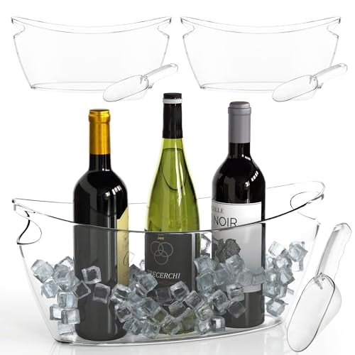 Clear Ice Buckets for Parties 3 Pack, 5.5L Clear Beverage Tub w/Handles & Scoops, Drink Buckets for Parties, Acrylic Bever...