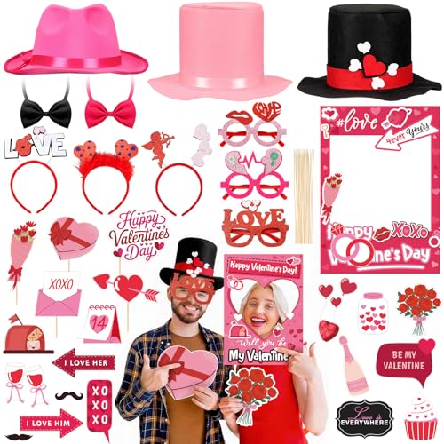 Suncalla 34 Pcs Valentine's Day Photo Booth Props Kit Red Pink Celebrate Valentine Day Photo Props Funny Hat Glasses Headb...