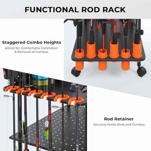 KastKing V12 Gear Trolley, Indoor Fishing Rod Holder for 12 Combos, 3-Tier Fishing Accessory Shelves With Peg Wall, Patented Built-in Line Spooler, Mobile Tackle Storage Cart With Locking Wheels