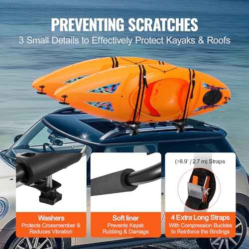 VEVOR Kayak Roof Rack 2 Pairs J-Bar, Soft Roof Rack Quick Folding, Top Mount Tie Down, Carrier for Kayak, Surf Board, Canoe, SUP, Ski Board, Mount on Car, SUV, Truck, 2 Kayaks