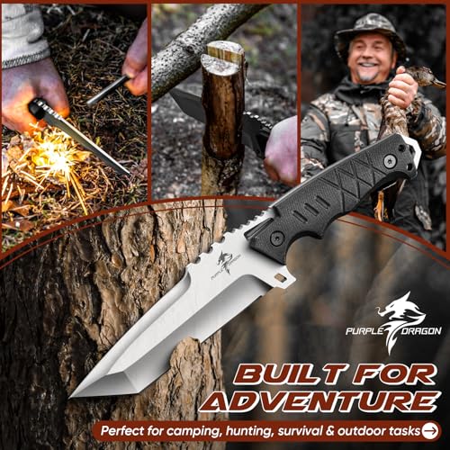 Purple Dragon Fixed Blade Knife with Kydex Sheath - D2 Steel Survival Knives for Camping, Bushcraft - Ergonomic G10 Handle...