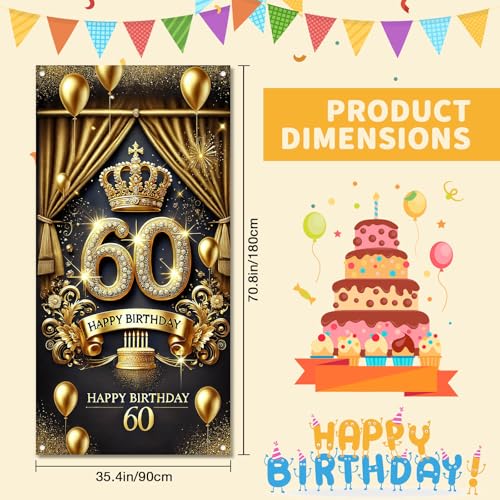 HOMETITUTE 60th Birthday Door Cover 71x35 Inch Royal Gold Birthday Banner for Party Decorations Crown Balloon Cake Backdro...