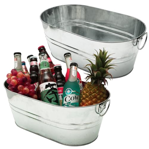 2 Pack Galvanized Tub 3 Gallon Ice Bucket with Handle Large Metal Drink Buckets for Parties Beer Beverage Tub with Carry H...