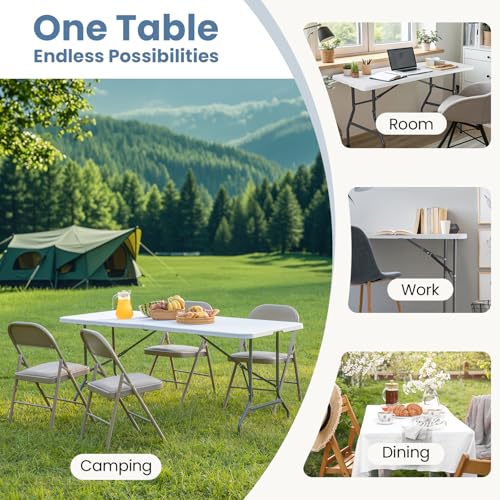 DUMOS 8 Feet Plastic Folding Table, Outdoor Portable Heavy Duty Table with Carrying Handle, Lock for Camping Picnic Party ...