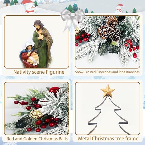 Eksen Nativity LED Tabletop Christmas Tree Centerpiece, Holy Family Scene with Warm Lights, Snowy Pine & Red Berry Accents...