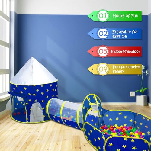 PigPigPen 3pc Kids Play Tent for Boys with Ball Pit, Crawl Tunnel, Princess Tents for Toddlers, Baby Space World Playhouse...