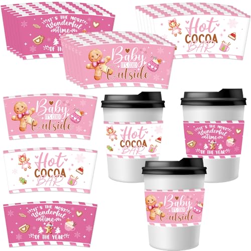 Disposable Coffee Cup Sleeves, 36 Pcs Pink Hot Cocoa Bar Paper Tumbler Sleeves for Hot Cold Drinks, Vintage Christmas Deco...