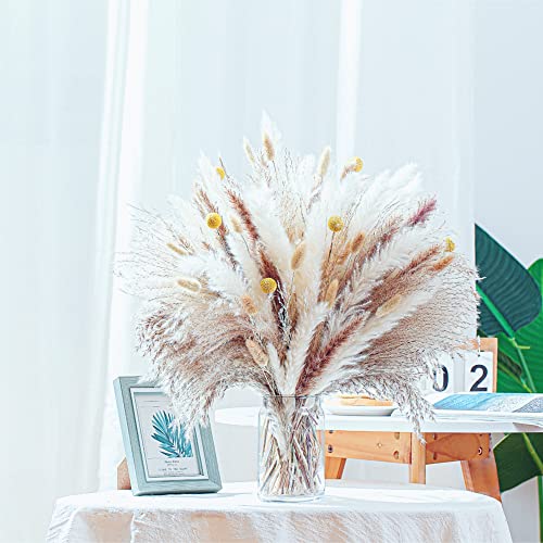 100PCS Natural Dried Pampas Grass Decor - 17.5" Fluffy Pampas Grass Bouquet - Boho Home Decor Dried Flowers for Wedding Fl...
