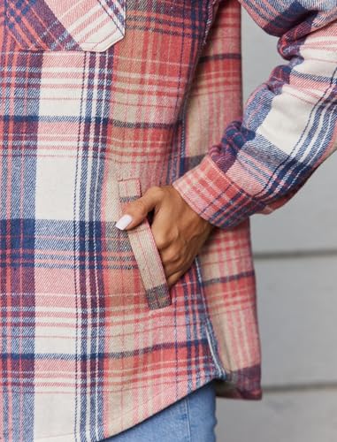 Zeagoo Womens Plaid Shacket Jacket Long Sleeve Fleece Hooded Jackets Fall Winter Warm Coat S-2XL