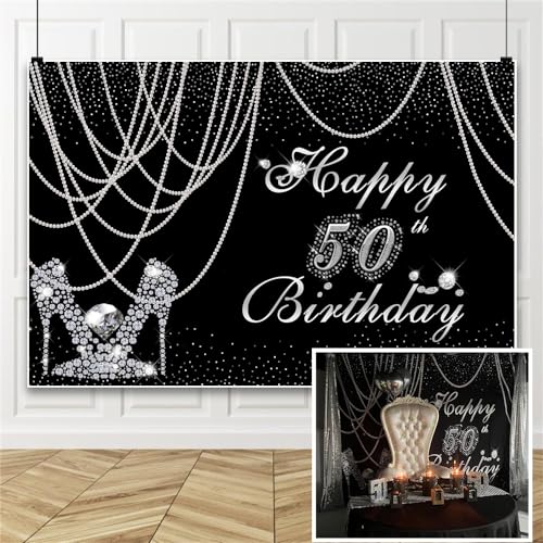 Women Happy 50th Birthday Black and Silver Backdrop for Photography 7x5ft Pearl Curtain Silver Diamond High Heels Sparkly ...