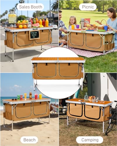 Outvita Folding Table, 4FT Aluminum Camping Table with Large Storage Space and Adjustable Height Picnic Table Lightweight ...