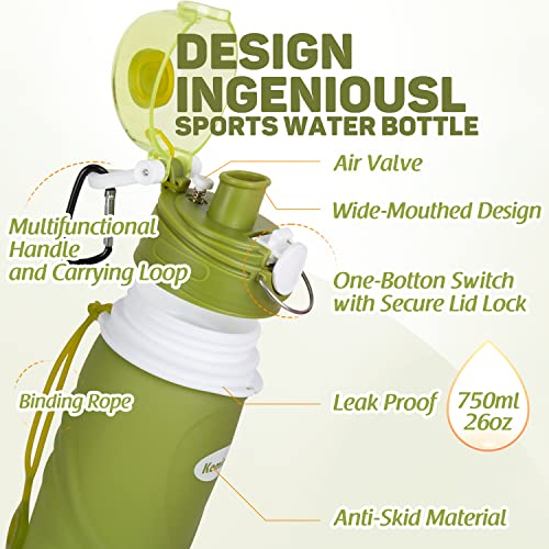 Kemier Collapsible Silicone Water Bottles-750ML,Medical Grade,BPA Free Travel Water Bottle Can Roll Up,26oz,Leak Proof Fol...