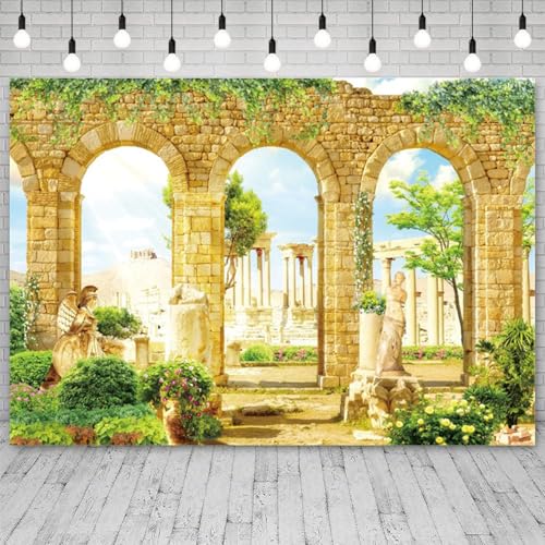 ASDCXZ 7x5ft Romantic Greece Palace Garden Backdrop Ancient Stone Arch Photography Background Green Leave Vines Statues An...