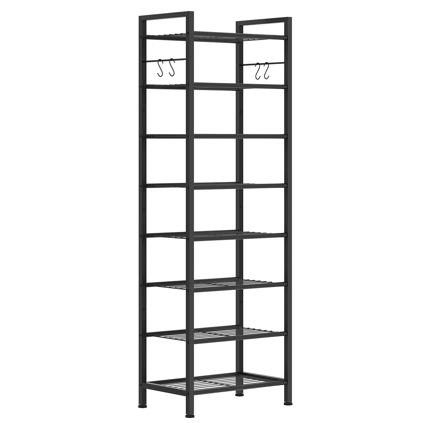 usikey 8 Tiers Narrow Shoe Rack 16-24 Pairs, Sturdy Metal Tall Shoe Rack with 4 Hooks, Slim Shoe Storage Organizer with Metal Shelf, Space Saving Vertical Shoe Shelf for Entryway, Closets, Black