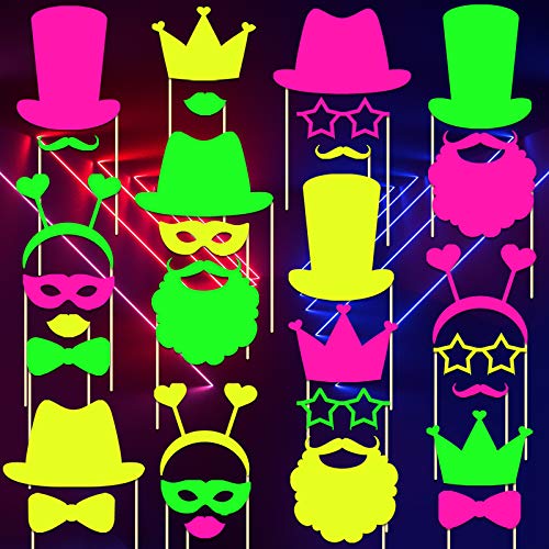 Skylety 24 Pcs Neon Photo Booth Props Glow Photo Booth Fully Assembled Neon Glow Party Colorful Black Light Fluorescent Pa...