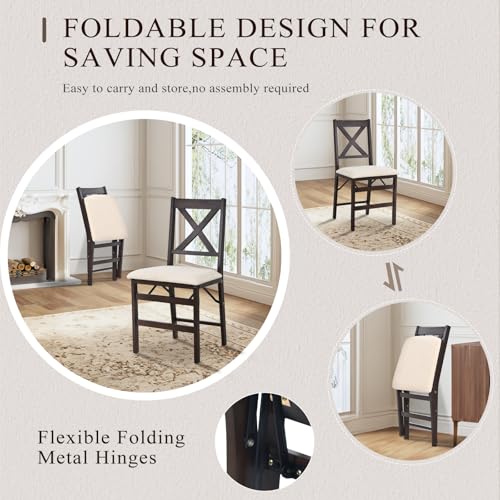 COLAMY Folding Dining Chairs Set of 2 – Beige Upholstered Wooden Dining Room Chairs for Kitchen & Small Spaces, Mid Century Modern Design, Space-Saving, No Assembly Required