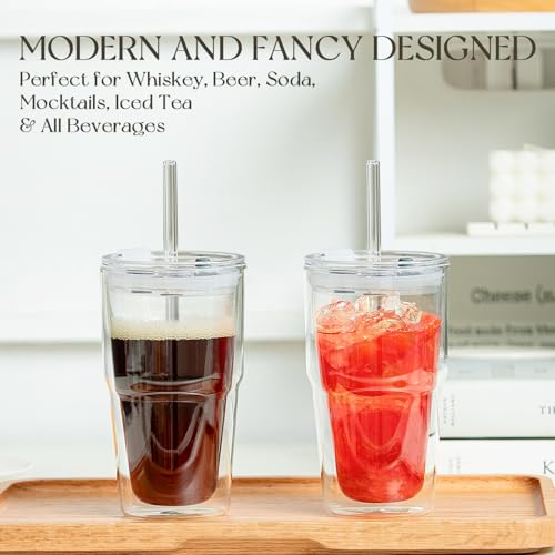 KEMORELA 2 Pack Double Wall Borosilicate Glass Tumblers with Lids and Straws, 16oz Insulated Iced Coffee Cups, Reusable Sm...