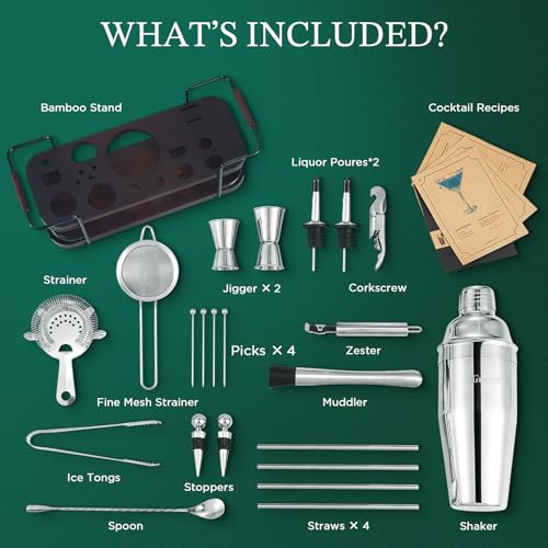 KITESSENSU Cocktail Shaker Set Bartender Kit with Stand | Complete 24-Piece Bar Set Cocktail Kit with All Bar Accessories:...