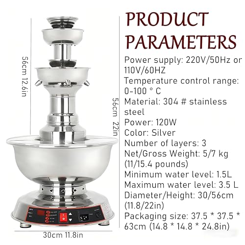 FgdVrelnor 3-Level Party Fountain, 3-Level Stainless Steel Electric Commercial Beverage Dispenser, Adjustable 0 to 100℃, E...