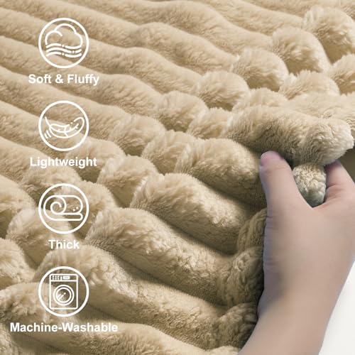 decorUhome Soft Fleece Light Brown Throw Blanket for Couch, Cozy Fluffy Plush Flannel Striped Blanket for Sofa Bed, Lightw...