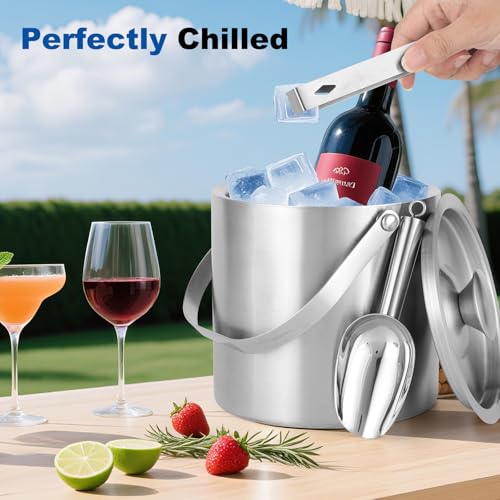 3L Stainless Steel Ice Bucket – Double-Wall Insulated Cooler Keeps Ice Frozen Longer for Wine, Champagne & Beer,Includes L...
