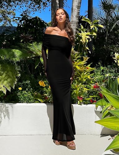 REORIA Women Off Shoulder Long Sleeve Dress Elegant Sexy Stretch Mesh Double Lined Slim Trendy Long Dresses