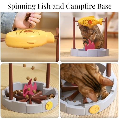 PetPals 11" High Cats Treat-Dispensing Slow Feeder,Pets Dry Food Dispenser,Cats Slow Feeding Snack Bowl, Grilled Fish Spin...