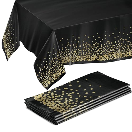 Prestee 4 Pack Gold and Black Table Cloth Rectangle Table Covers 54 x 108 Inches - Plastic Table Cloth Disposable for Part...