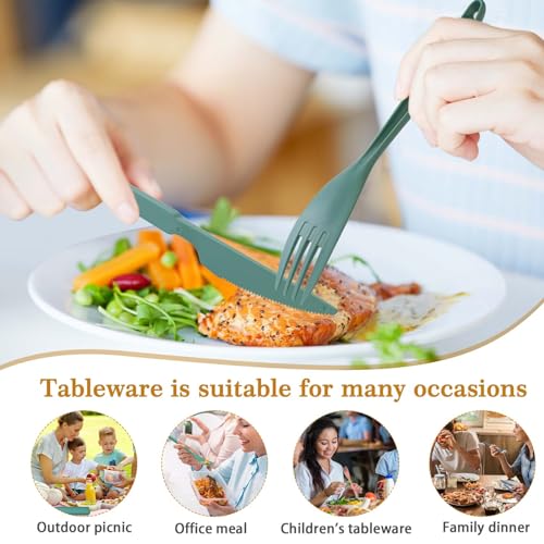 Large Reusable Plastic Compartments with Knives, Forks and Spoons, 9 Colours Portable Camping Utensils Tableware for Adult...