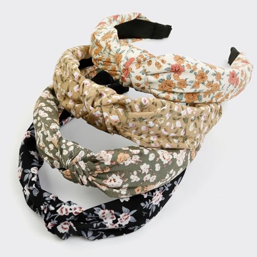 Huachi Headbands for Women and Girls, 4 Packs Fashion Flower Printed Knotted Head Bands for Women’ s Hair, Non Slip Boho W...