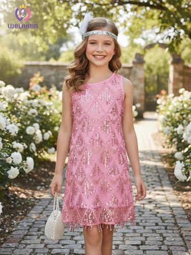 WELAKEN Girls One Shoulder Sequin Fringe Flapper Dress with Side Zipper