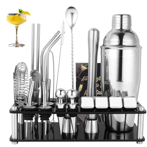 25-Piece Cocktail Shaker Set, Stainless Steel Bartender Kit with Acrylic Stand & Cocktail Recipes Booklet, Professional Ba...