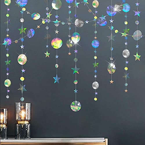 Cheerland Iridescent Party Decorations Holographic Star Garland Hanging Stars Moon Streamer Galaxy Birthday Decoration Ram...