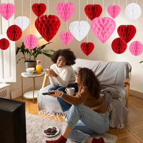 40Pcs Valentines Day Party Heart Decorations - Red Pink White Paper Honeycomb Hearts Balls Hanging, Valentine's Decor for ...