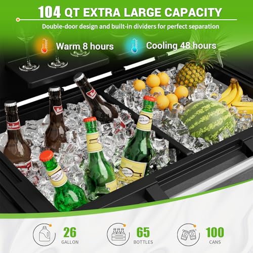 104 Quart Patio Rolling Ice Chest Cooler Cart with Wheels, Portable Mobile Outdoor Coolers Bar Cart with Storage Shelf & B...