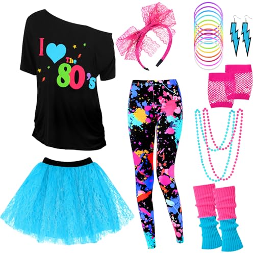 Vabean 19 Pcs 80s Costume Set T Shirt Leggings Tutu Skirt Headband Necklace Bracelets Earrings Gloves Leg Warmers for Women