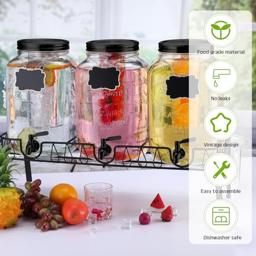 Lallisa 3 Pcs 2 Gallon Glass Drink Dispenser with Stand and Lid Mason Jar Beverage Dispenser with Stainless Steel Spigot, ...